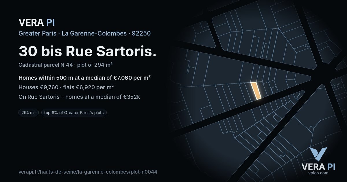 30 bis Rue Sartoris, La Garenne-Colombes at night – the plot lit, the parcels around coloured by the prices near them