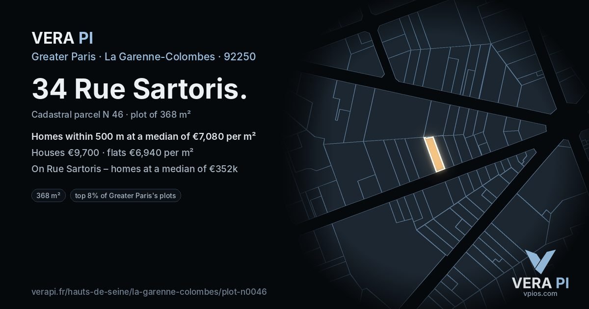 34 Rue Sartoris, La Garenne-Colombes at night – the plot lit, the parcels around coloured by the prices near them