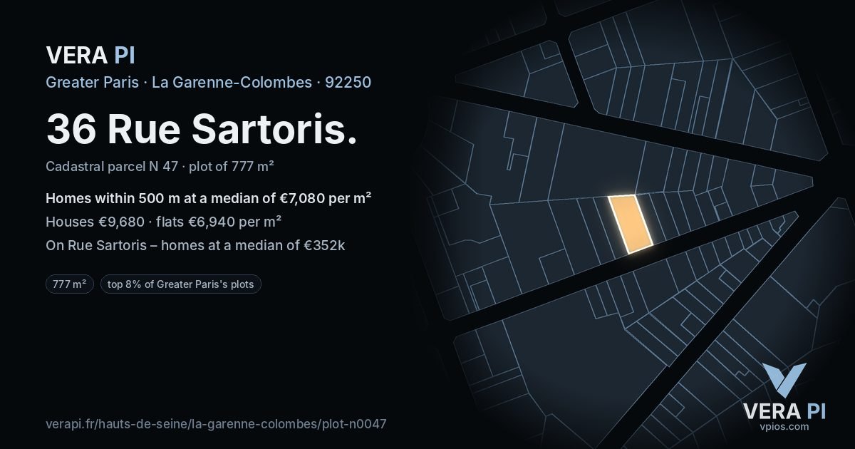 36 Rue Sartoris, La Garenne-Colombes at night – the plot lit, the parcels around coloured by the prices near them