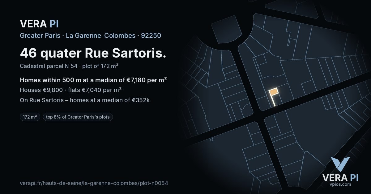 46 quater Rue Sartoris, La Garenne-Colombes at night – the plot lit, the parcels around coloured by the prices near them