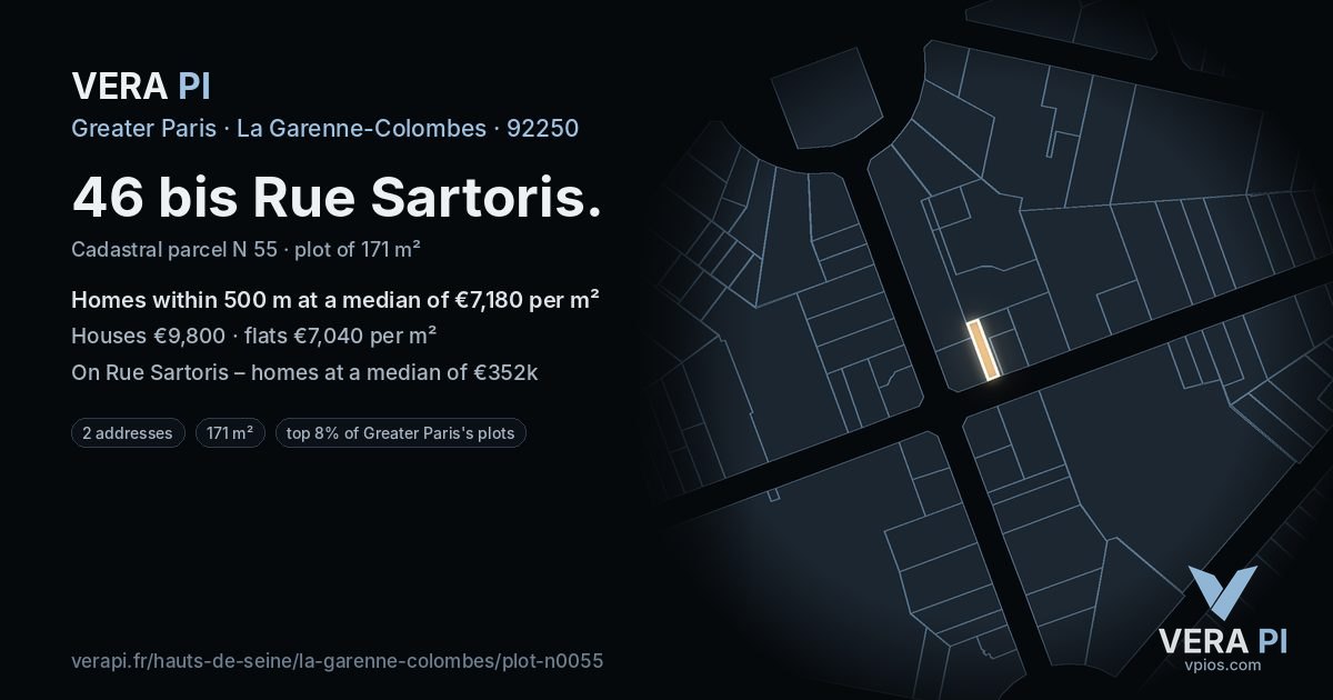 46 bis Rue Sartoris, La Garenne-Colombes at night – the plot lit, the parcels around coloured by the prices near them