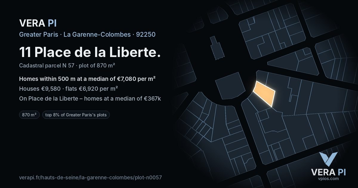 11 Place de la Liberte, La Garenne-Colombes at night – the plot lit, the parcels around coloured by the prices near them