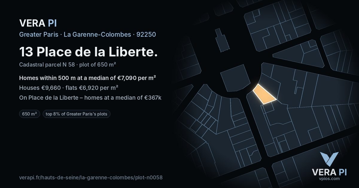 13 Place de la Liberte, La Garenne-Colombes at night – the plot lit, the parcels around coloured by the prices near them