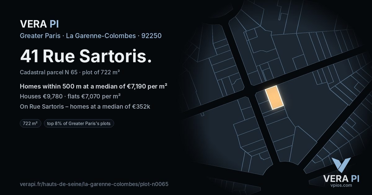 41 Rue Sartoris, La Garenne-Colombes at night – the plot lit, the parcels around coloured by the prices near them
