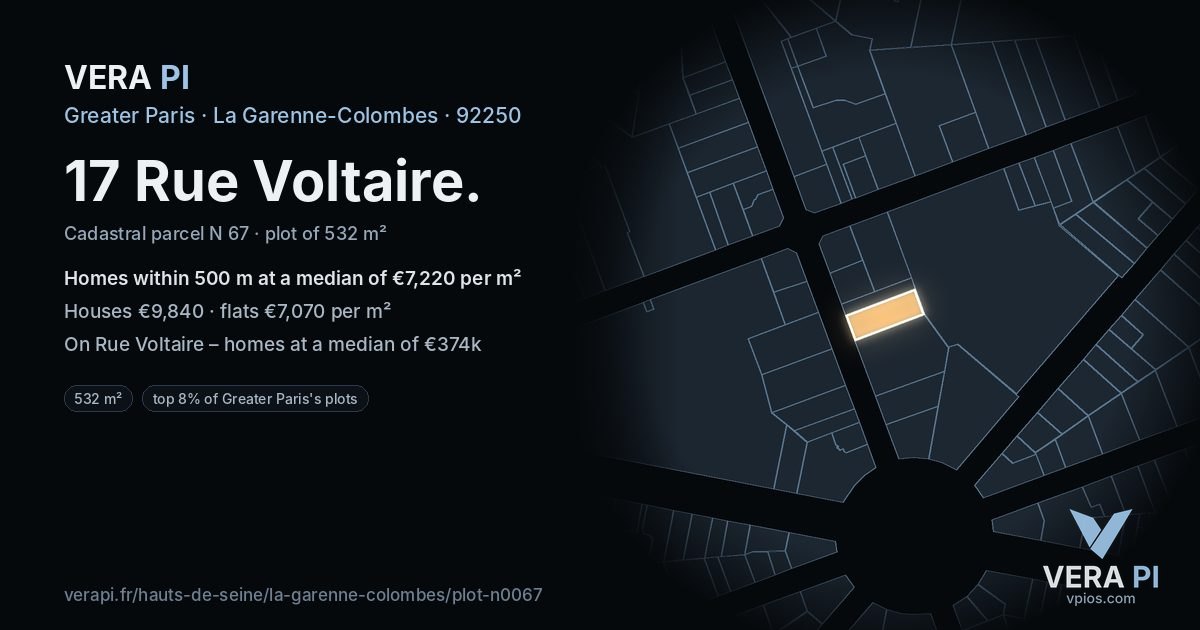 17 Rue Voltaire, La Garenne-Colombes at night – the plot lit, the parcels around coloured by the prices near them