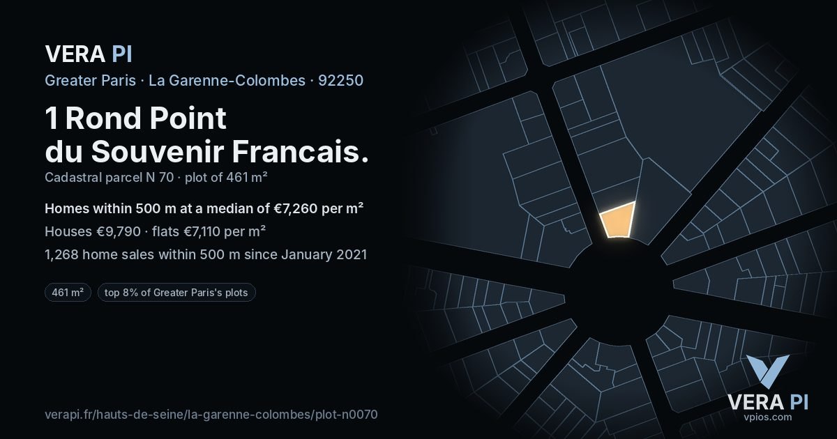 1 Rond Point du Souvenir Francais, La Garenne-Colombes at night – the plot lit, the parcels around coloured by the prices near them