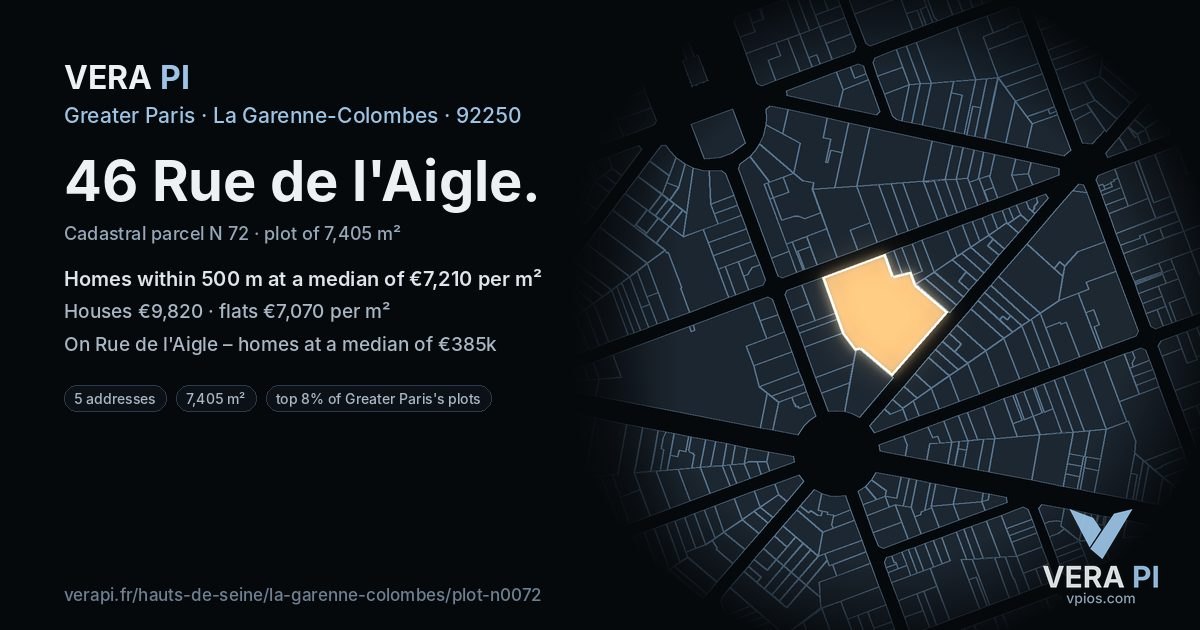 46 Rue de l'Aigle, La Garenne-Colombes at night – the plot lit, the parcels around coloured by the prices near them