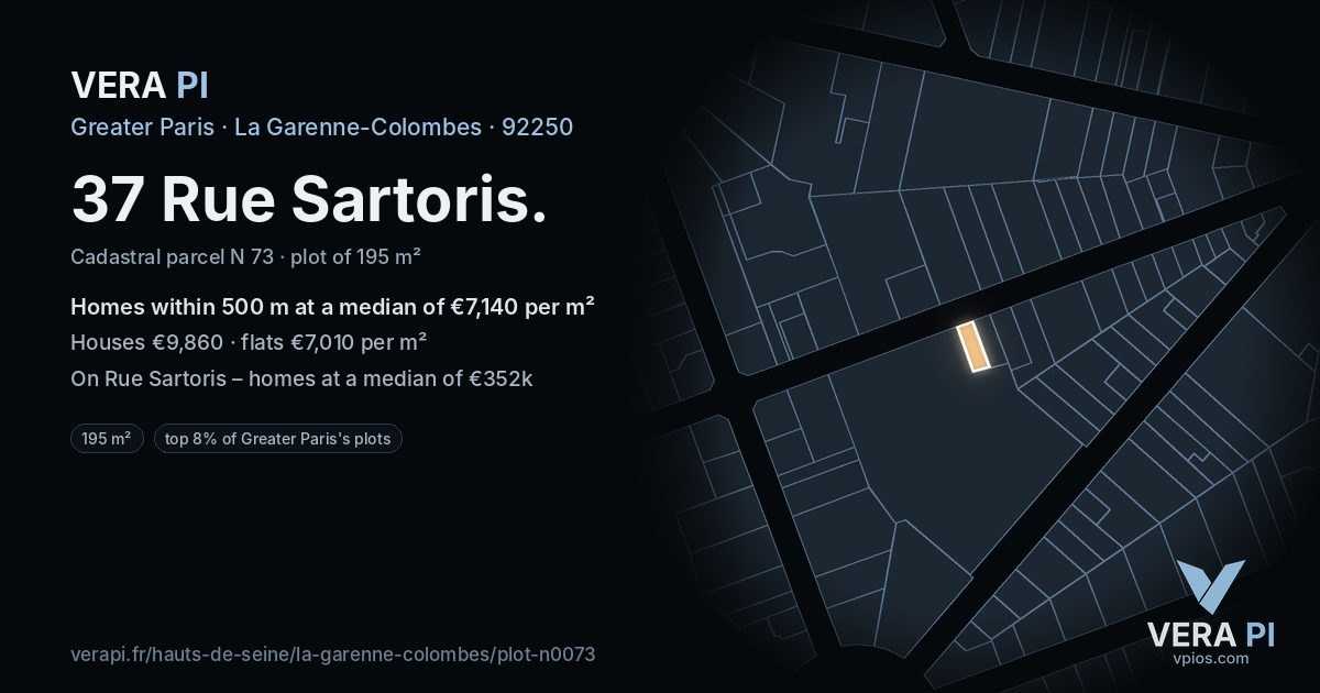 37 Rue Sartoris, La Garenne-Colombes at night – the plot lit, the parcels around coloured by the prices near them