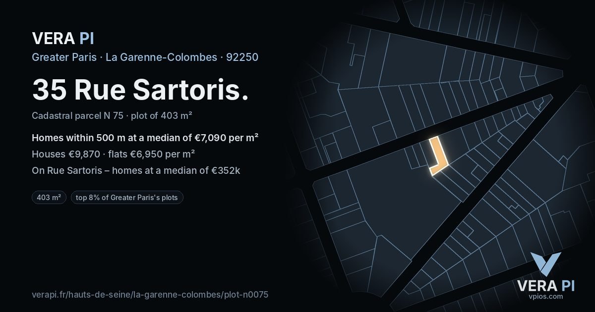 35 Rue Sartoris, La Garenne-Colombes at night – the plot lit, the parcels around coloured by the prices near them