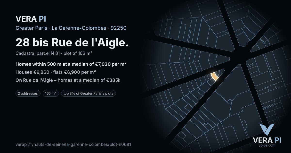28 bis Rue de l'Aigle, La Garenne-Colombes at night – the plot lit, the parcels around coloured by the prices near them