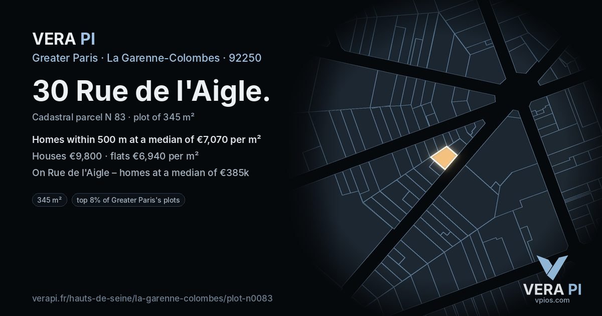30 Rue de l'Aigle, La Garenne-Colombes at night – the plot lit, the parcels around coloured by the prices near them