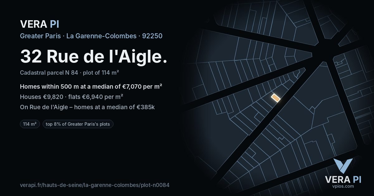 32 Rue de l'Aigle, La Garenne-Colombes at night – the plot lit, the parcels around coloured by the prices near them