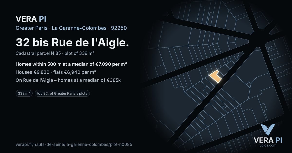 32 bis Rue de l'Aigle, La Garenne-Colombes at night – the plot lit, the parcels around coloured by the prices near them
