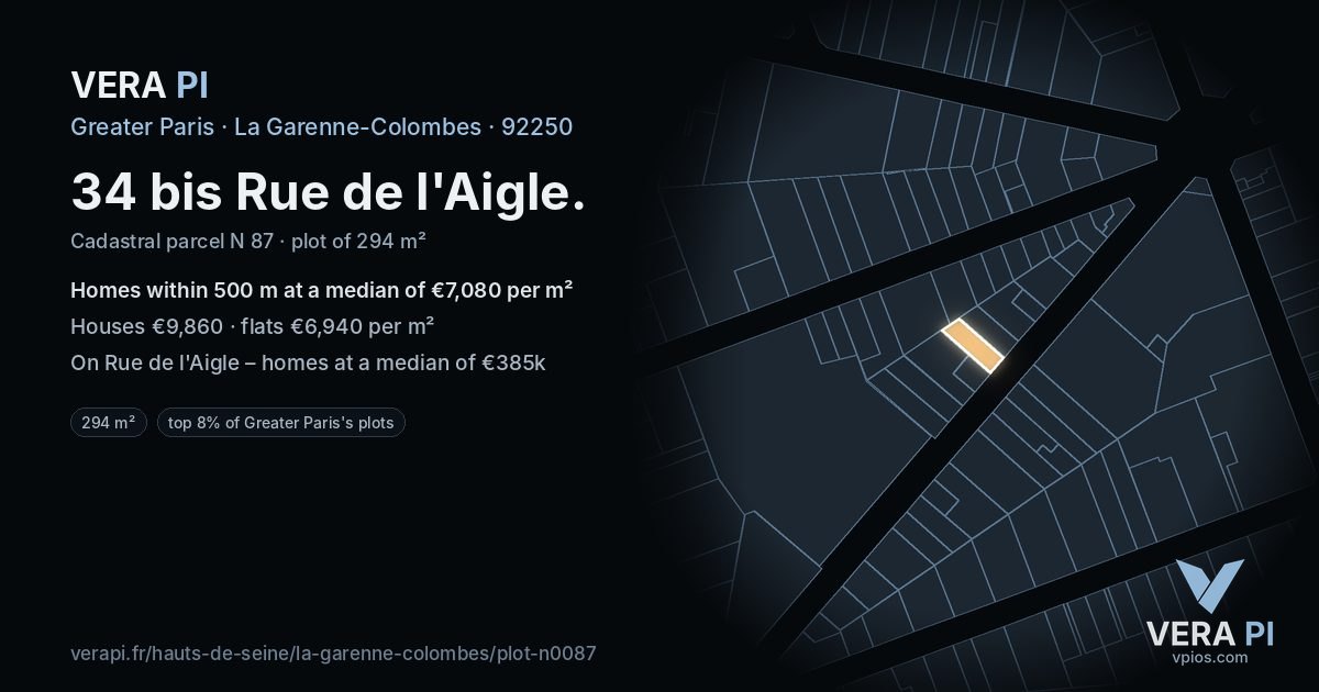 34 bis Rue de l'Aigle, La Garenne-Colombes at night – the plot lit, the parcels around coloured by the prices near them