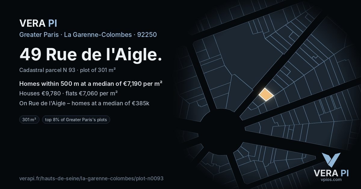 49 Rue de l'Aigle, La Garenne-Colombes at night – the plot lit, the parcels around coloured by the prices near them