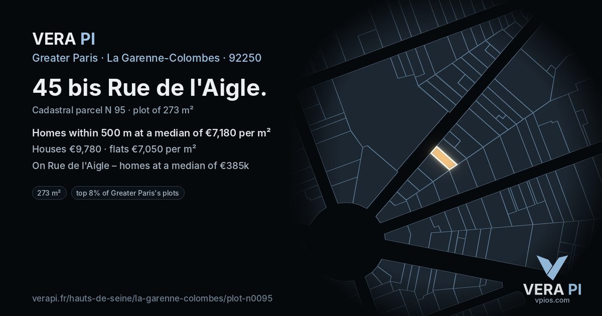 45 bis Rue de l'Aigle, La Garenne-Colombes at night – the plot lit, the parcels around coloured by the prices near them