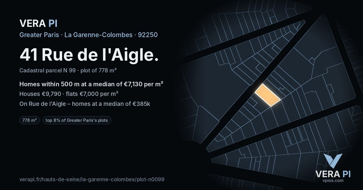 41 Rue de l'Aigle, La Garenne-Colombes at night – the plot lit, the parcels around coloured by the prices near them