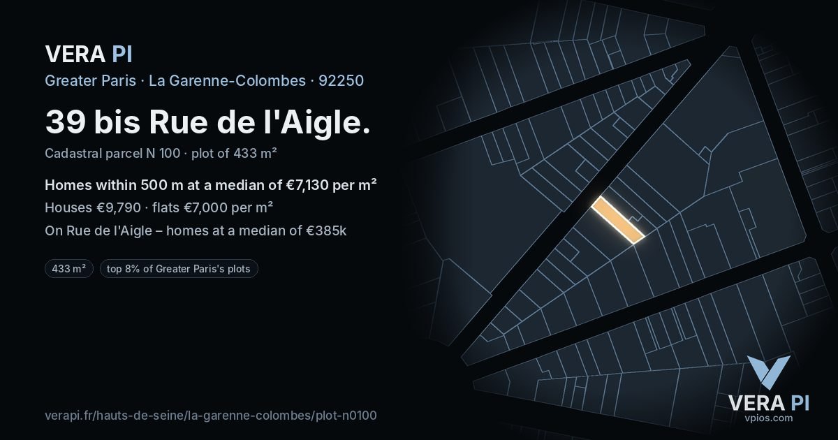 39 bis Rue de l'Aigle, La Garenne-Colombes at night – the plot lit, the parcels around coloured by the prices near them