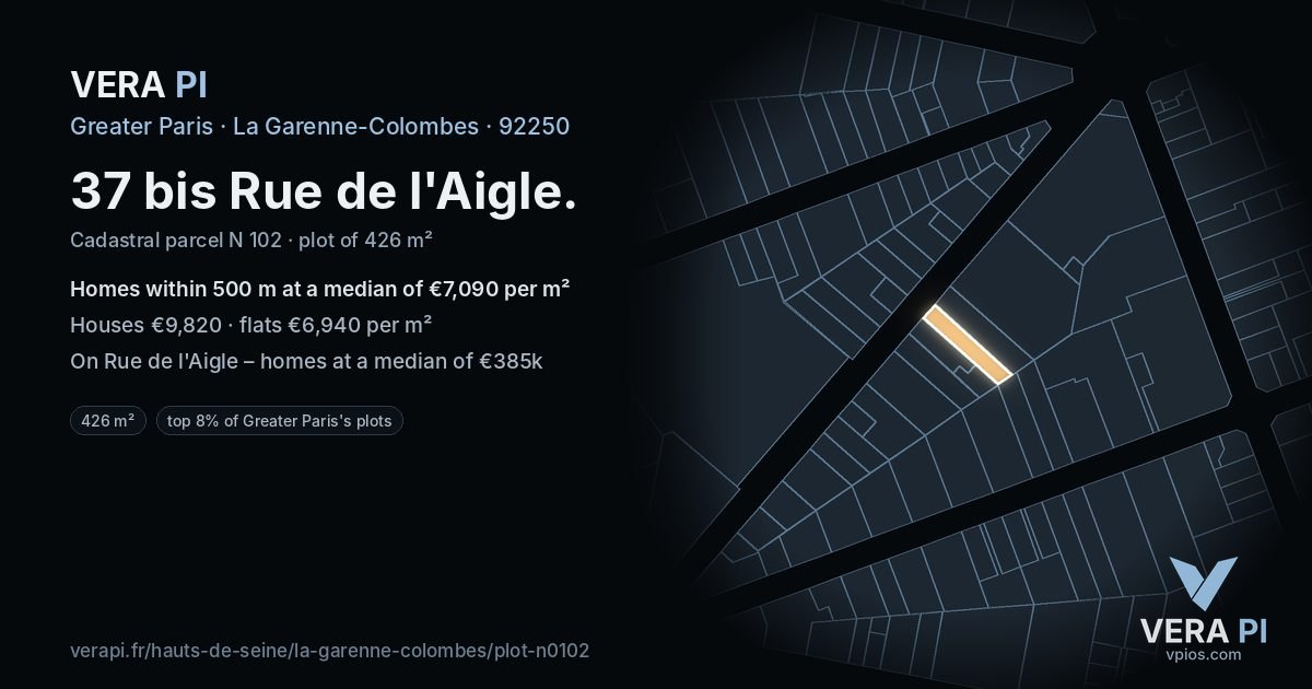37 bis Rue de l'Aigle, La Garenne-Colombes at night – the plot lit, the parcels around coloured by the prices near them