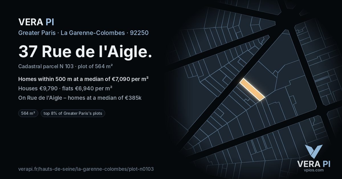 37 Rue de l'Aigle, La Garenne-Colombes at night – the plot lit, the parcels around coloured by the prices near them