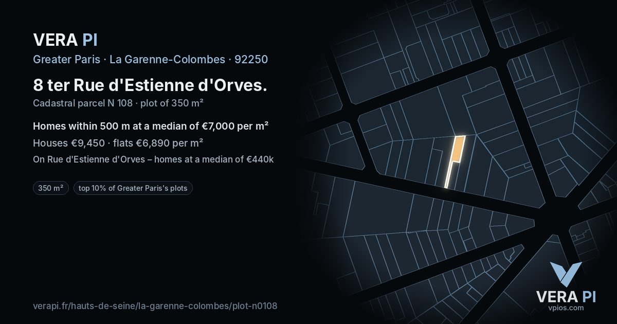8 ter Rue d'Estienne d'Orves, La Garenne-Colombes at night – the plot lit, the parcels around coloured by the prices near them