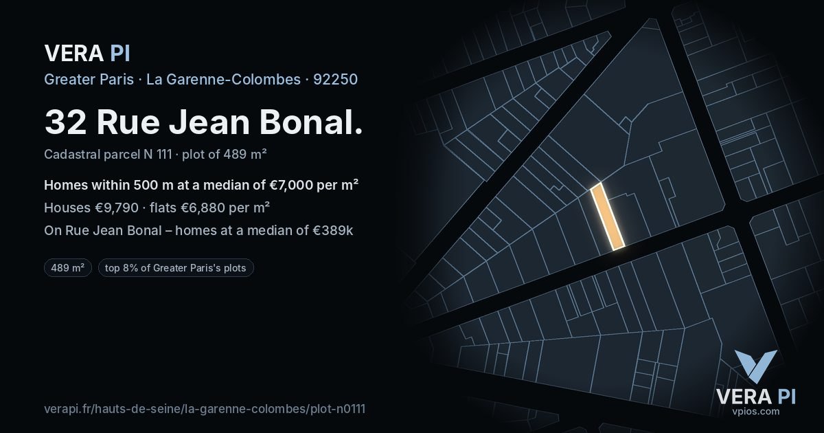 32 Rue Jean Bonal, La Garenne-Colombes at night – the plot lit, the parcels around coloured by the prices near them