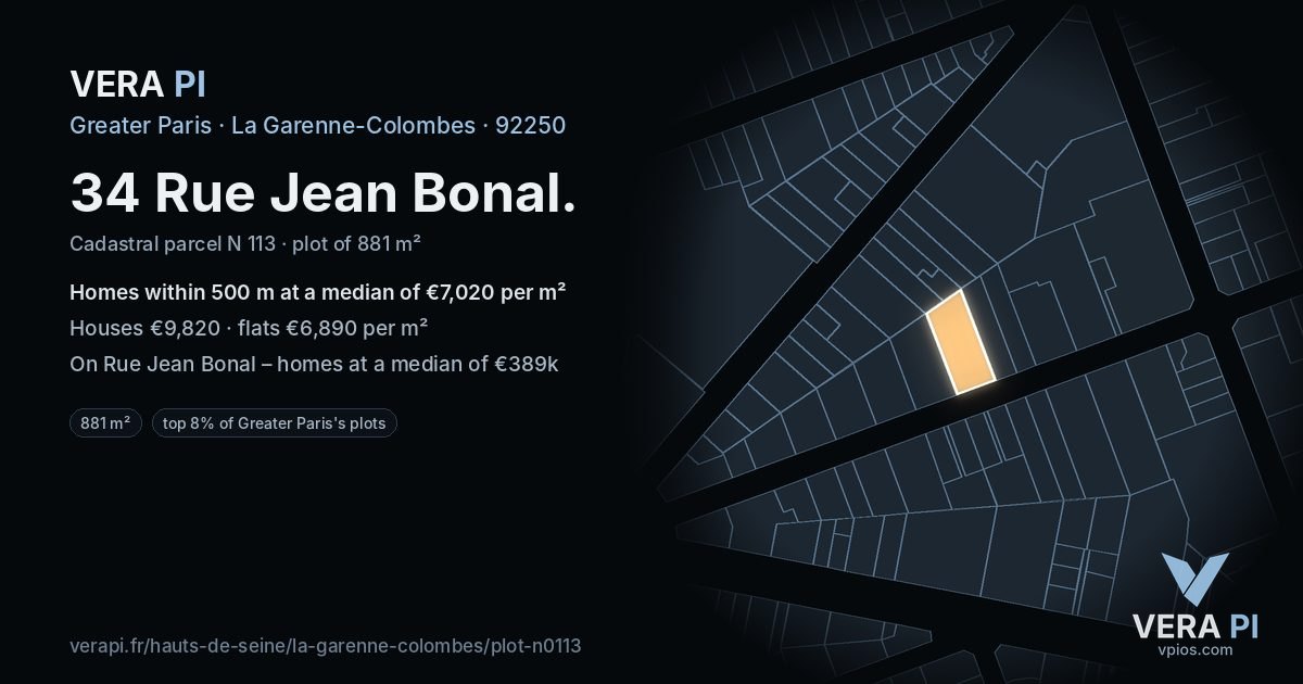 34 Rue Jean Bonal, La Garenne-Colombes at night – the plot lit, the parcels around coloured by the prices near them