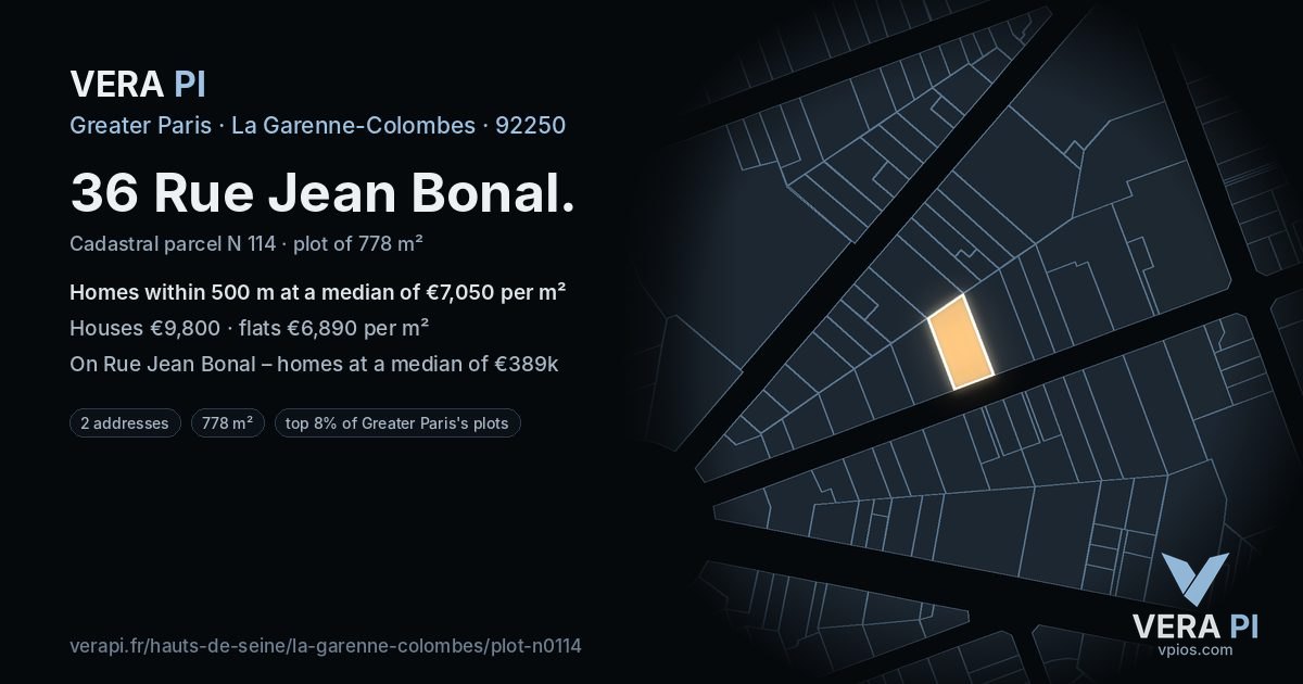 36 Rue Jean Bonal, La Garenne-Colombes at night – the plot lit, the parcels around coloured by the prices near them