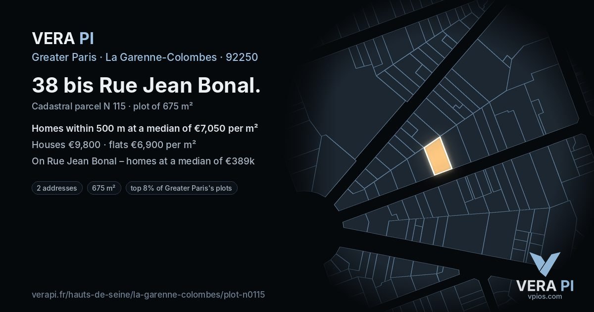 38 bis Rue Jean Bonal, La Garenne-Colombes at night – the plot lit, the parcels around coloured by the prices near them