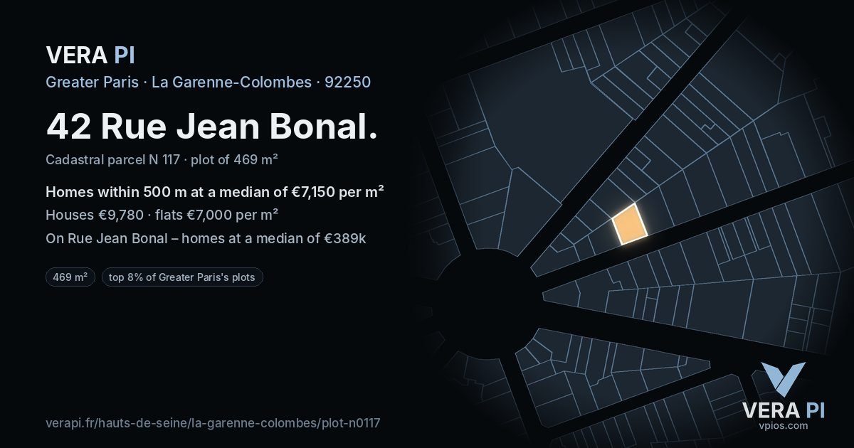42 Rue Jean Bonal, La Garenne-Colombes at night – the plot lit, the parcels around coloured by the prices near them