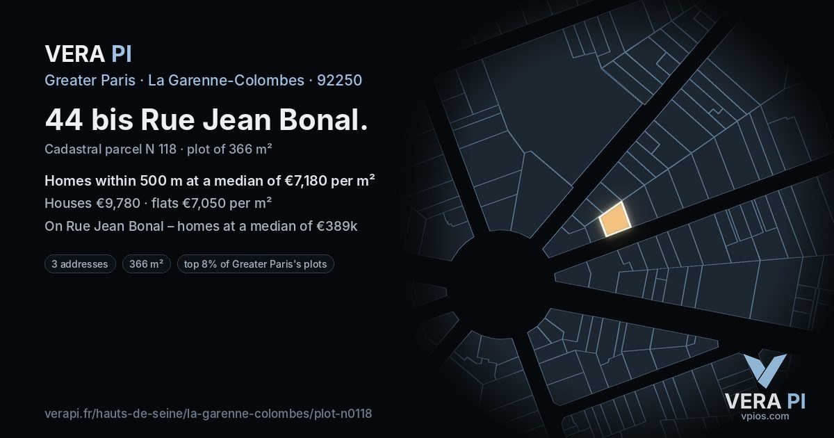 44 bis Rue Jean Bonal, La Garenne-Colombes at night – the plot lit, the parcels around coloured by the prices near them