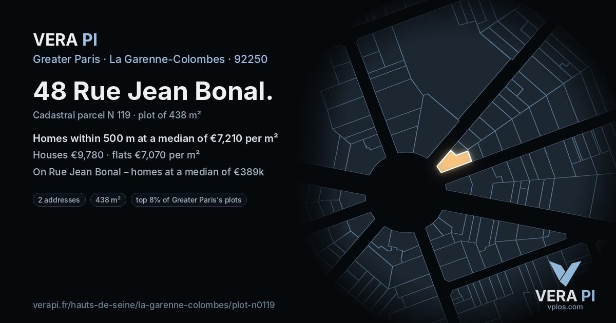 48 Rue Jean Bonal, La Garenne-Colombes at night – the plot lit, the parcels around coloured by the prices near them