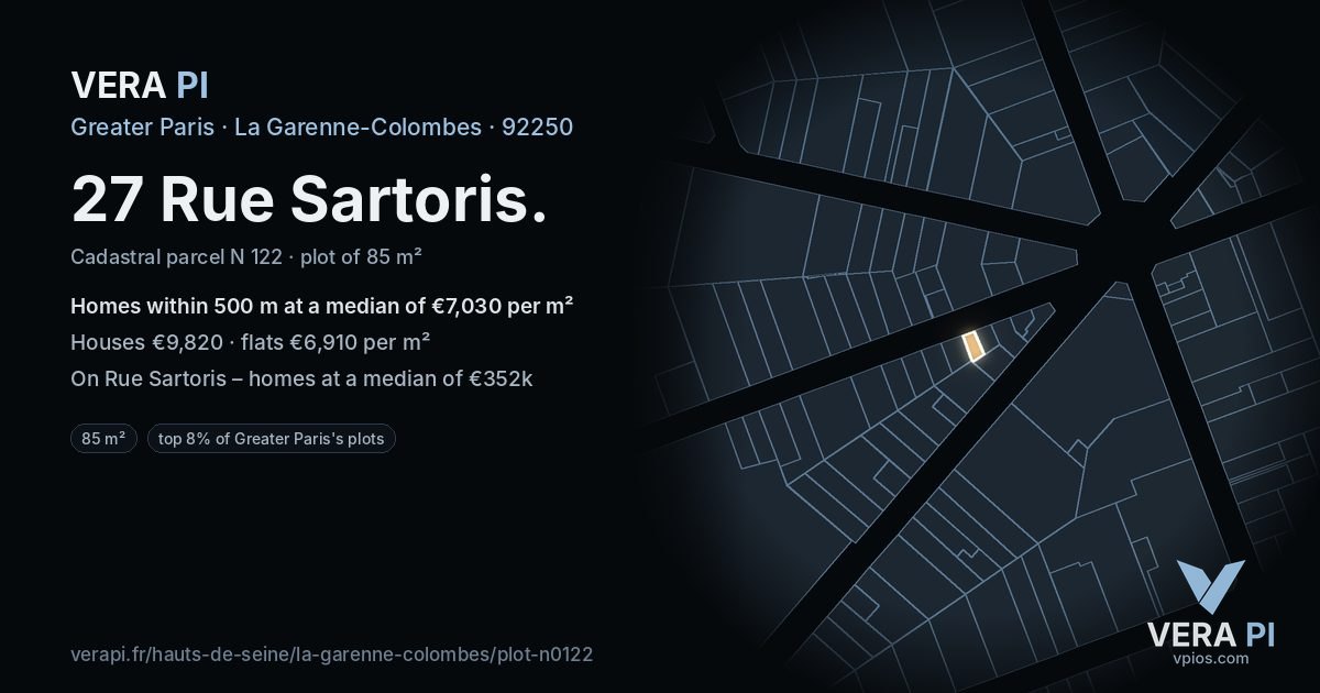 27 Rue Sartoris, La Garenne-Colombes at night – the plot lit, the parcels around coloured by the prices near them