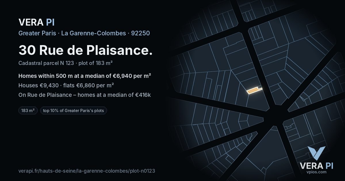 30 Rue de Plaisance, La Garenne-Colombes at night – the plot lit, the parcels around coloured by the prices near them