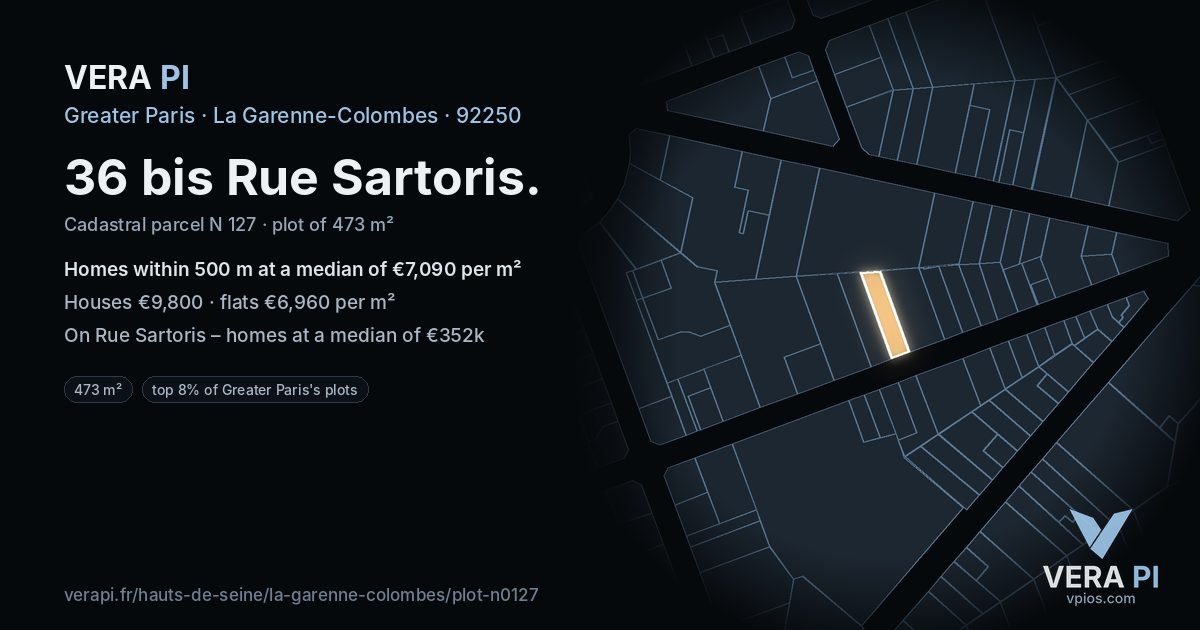 36 bis Rue Sartoris, La Garenne-Colombes at night – the plot lit, the parcels around coloured by the prices near them