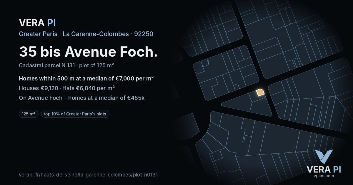35 bis Avenue Foch, La Garenne-Colombes at night – the plot lit, the parcels around coloured by the prices near them