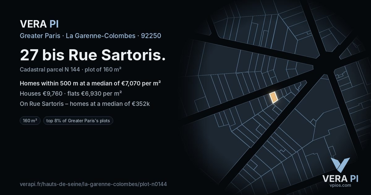 27 bis Rue Sartoris, La Garenne-Colombes at night – the plot lit, the parcels around coloured by the prices near them