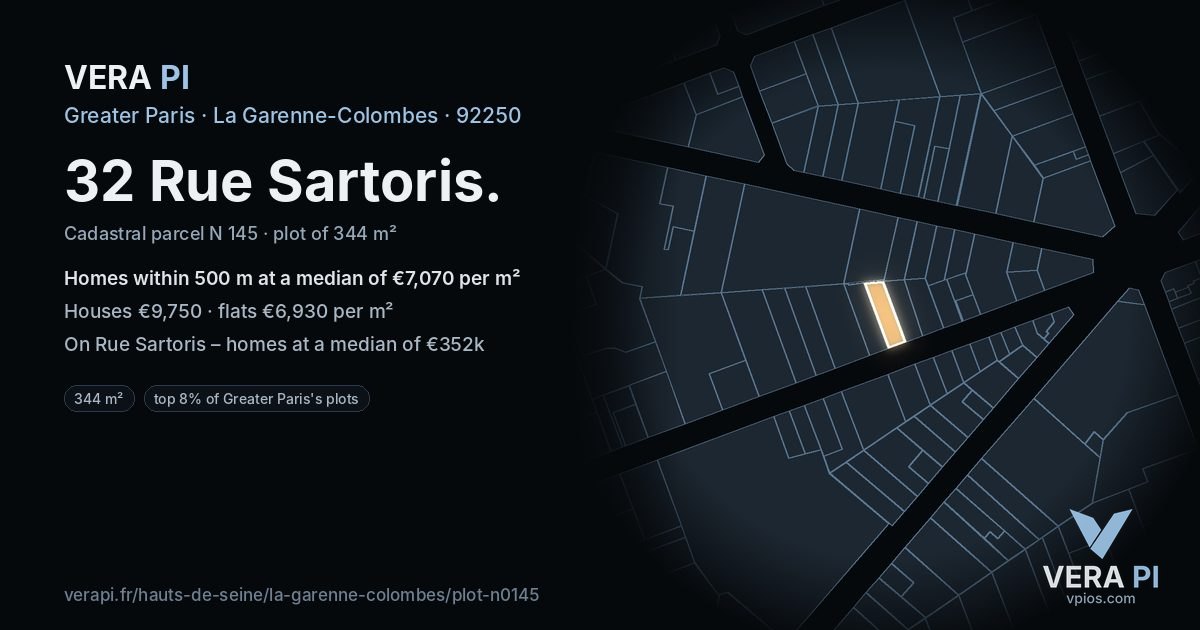 32 Rue Sartoris, La Garenne-Colombes at night – the plot lit, the parcels around coloured by the prices near them