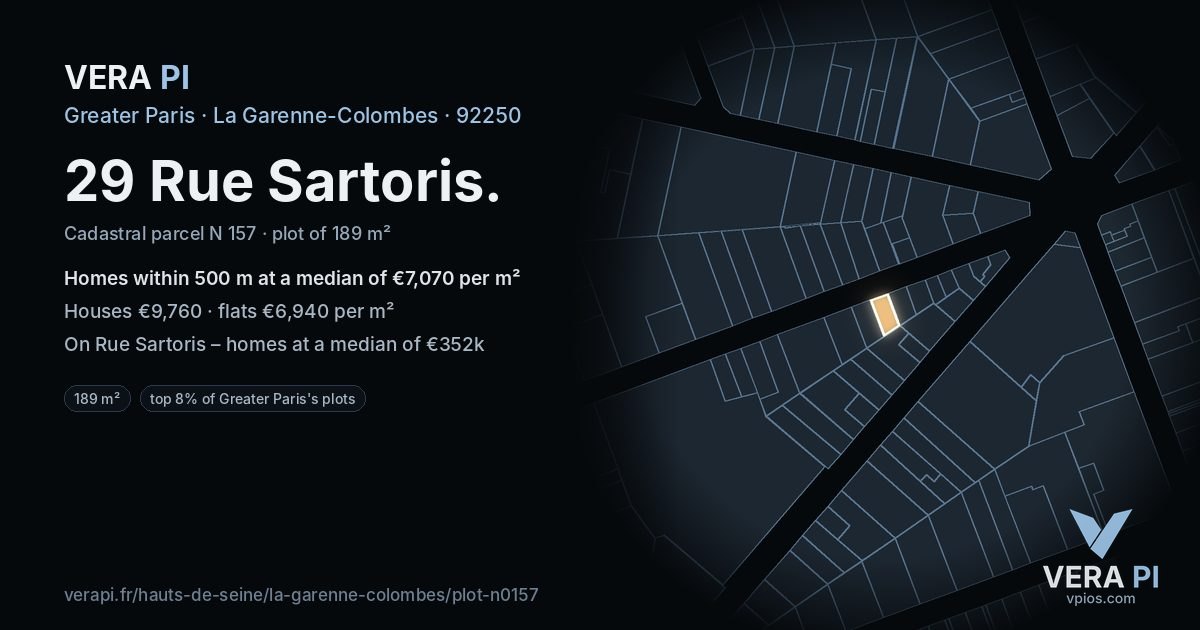 29 Rue Sartoris, La Garenne-Colombes at night – the plot lit, the parcels around coloured by the prices near them
