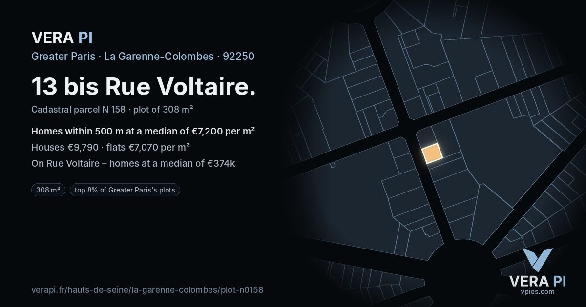 13 bis Rue Voltaire, La Garenne-Colombes at night – the plot lit, the parcels around coloured by the prices near them