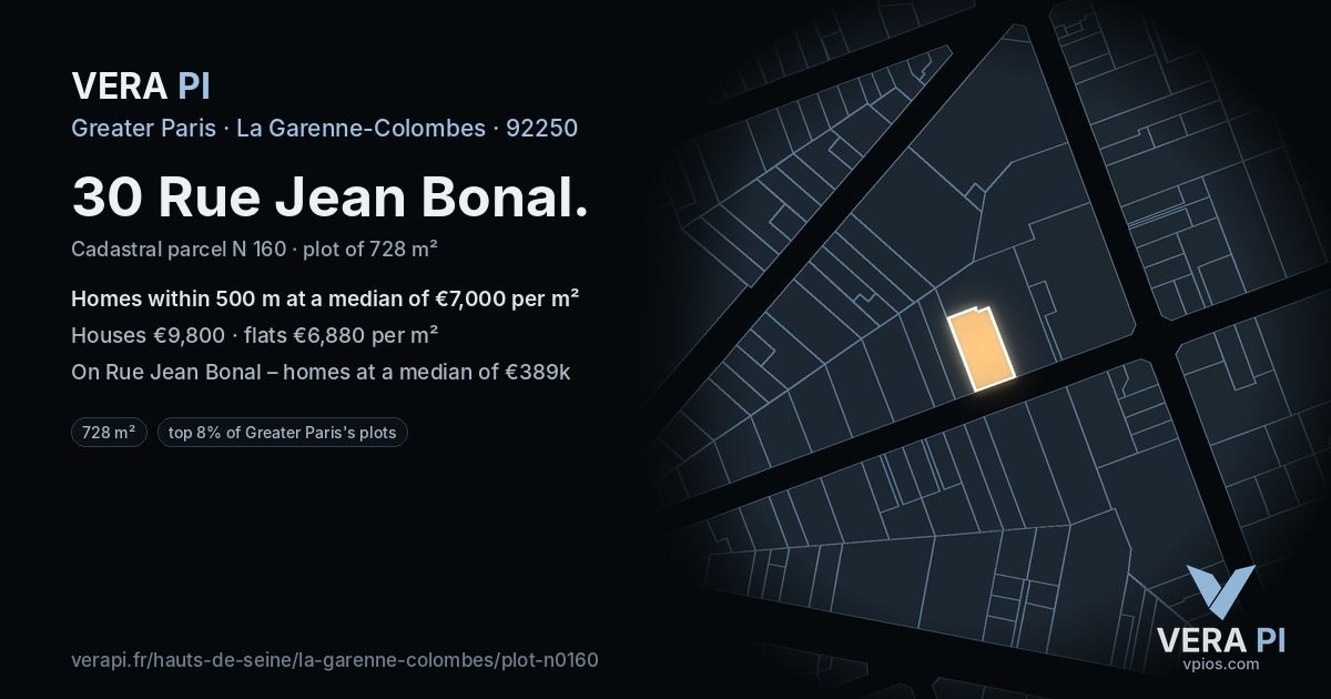 30 Rue Jean Bonal, La Garenne-Colombes at night – the plot lit, the parcels around coloured by the prices near them