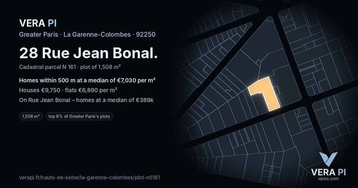 28 Rue Jean Bonal, La Garenne-Colombes at night – the plot lit, the parcels around coloured by the prices near them