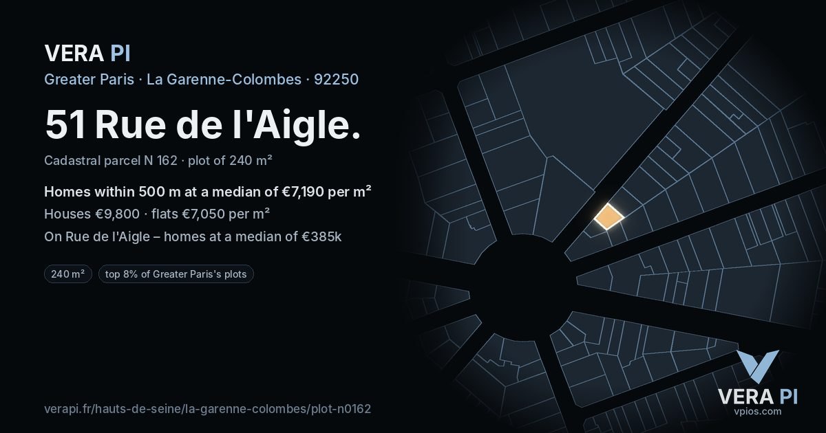 51 Rue de l'Aigle, La Garenne-Colombes at night – the plot lit, the parcels around coloured by the prices near them