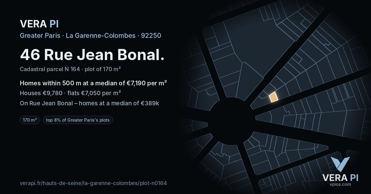 46 Rue Jean Bonal, La Garenne-Colombes at night – the plot lit, the parcels around coloured by the prices near them