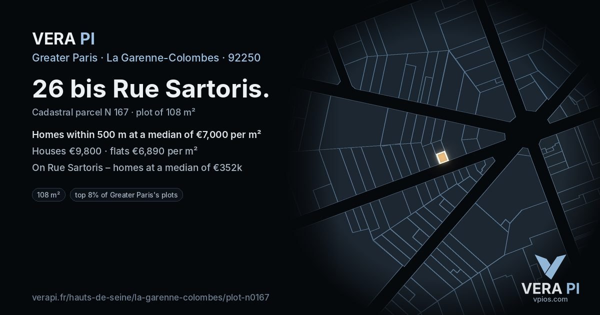 26 bis Rue Sartoris, La Garenne-Colombes at night – the plot lit, the parcels around coloured by the prices near them