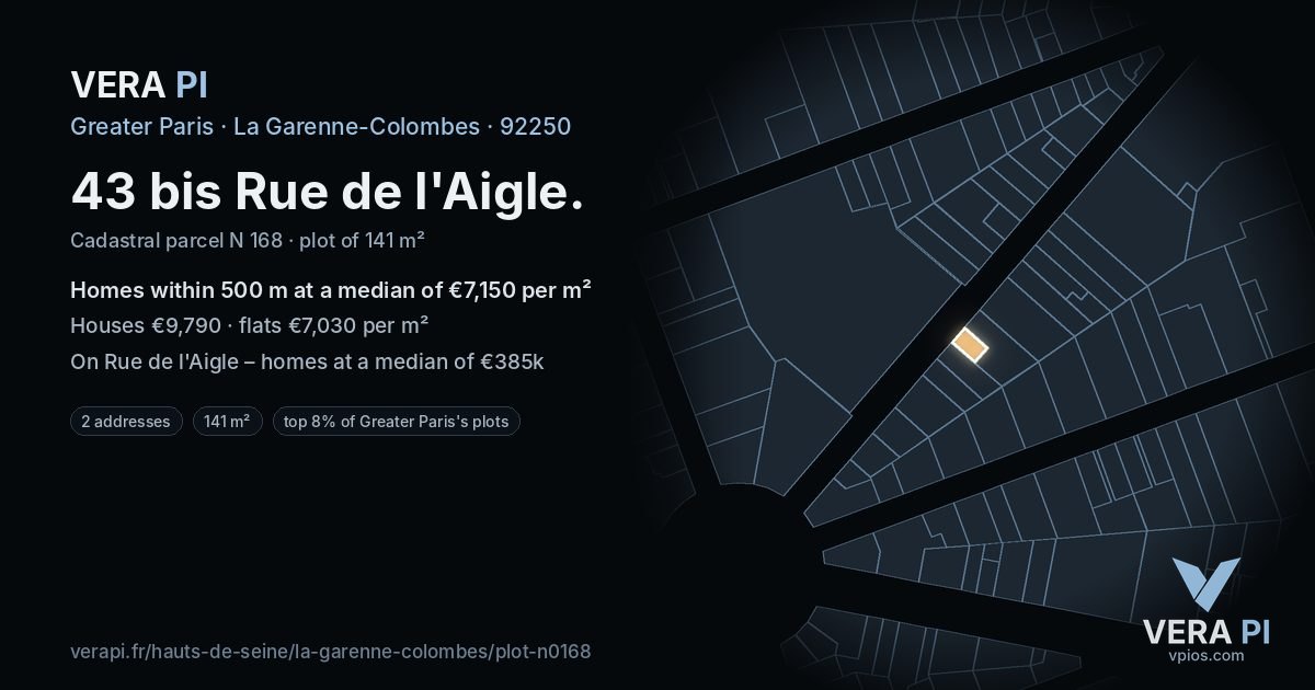 43 bis Rue de l'Aigle, La Garenne-Colombes at night – the plot lit, the parcels around coloured by the prices near them