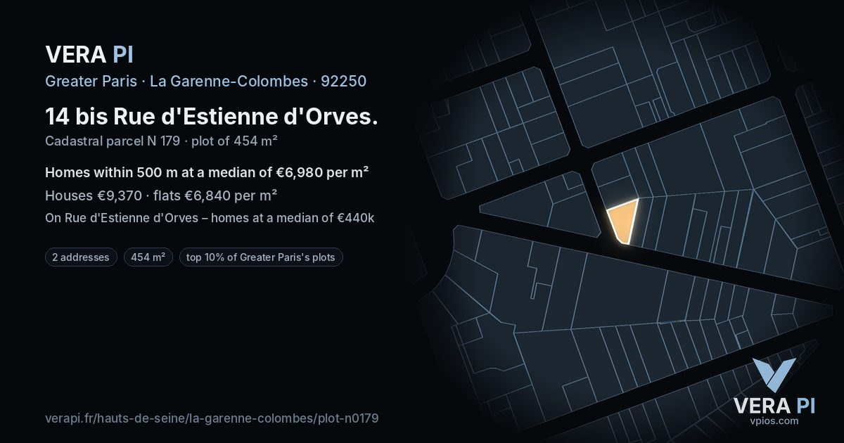 14 bis Rue d'Estienne d'Orves, La Garenne-Colombes at night – the plot lit, the parcels around coloured by the prices near them