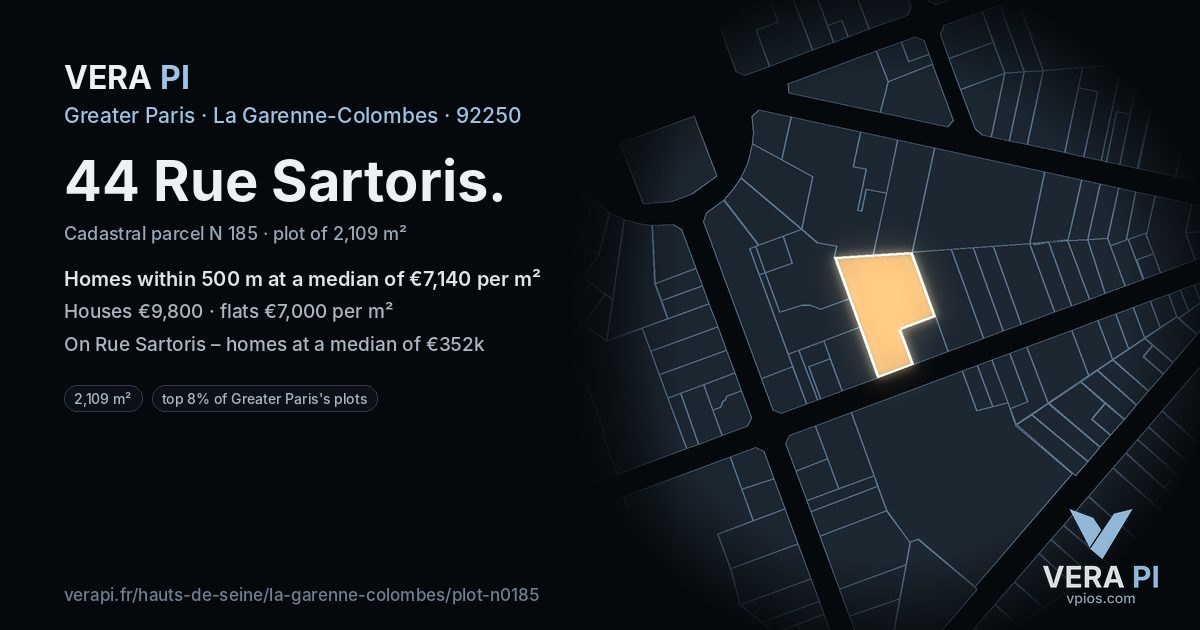 44 Rue Sartoris, La Garenne-Colombes at night – the plot lit, the parcels around coloured by the prices near them