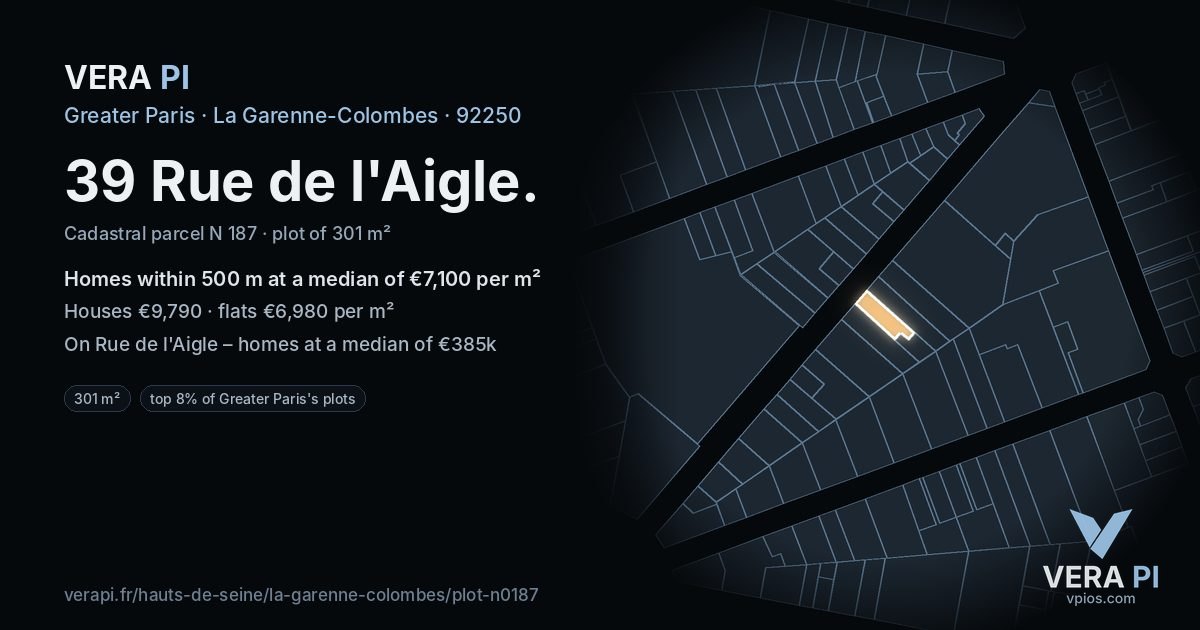 39 Rue de l'Aigle, La Garenne-Colombes at night – the plot lit, the parcels around coloured by the prices near them