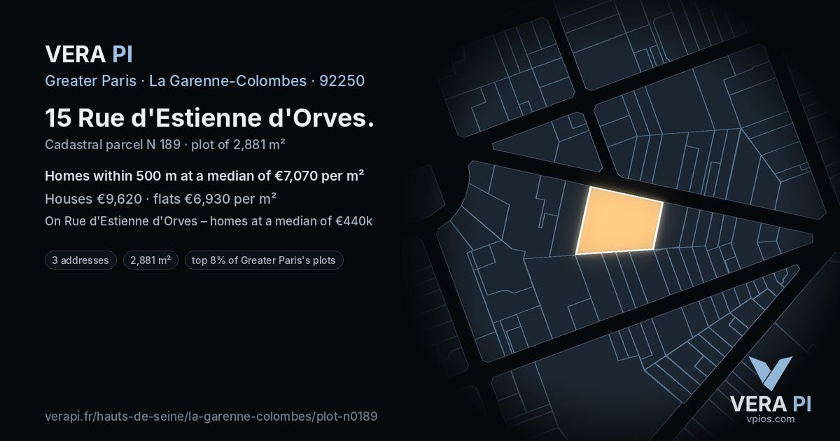 15 Rue d'Estienne d'Orves, La Garenne-Colombes at night – the plot lit, the parcels around coloured by the prices near them